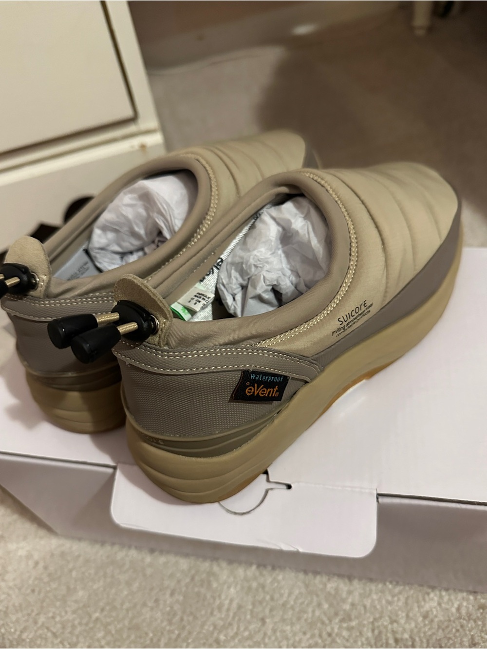 Suicoke Beige Slip-On Loafers with eVent Waterproof Tag